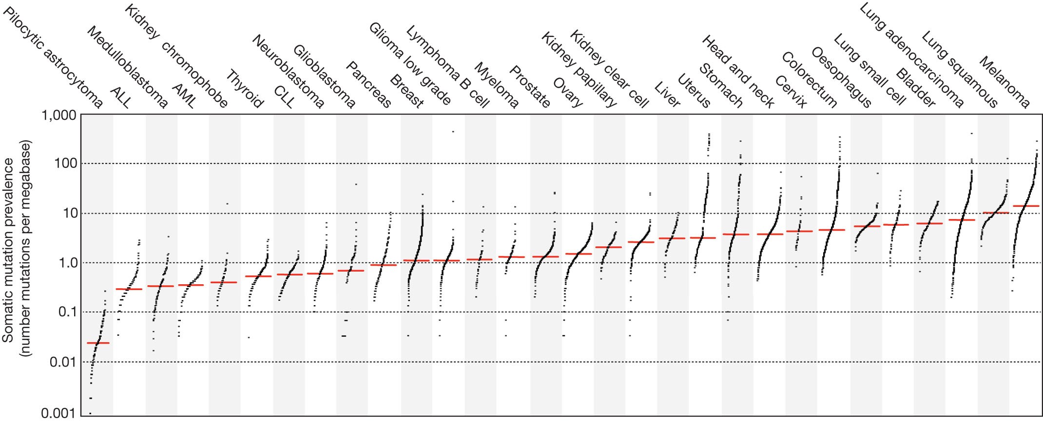 Figure 1: The prevalence of somatic mutations across human cancer types.