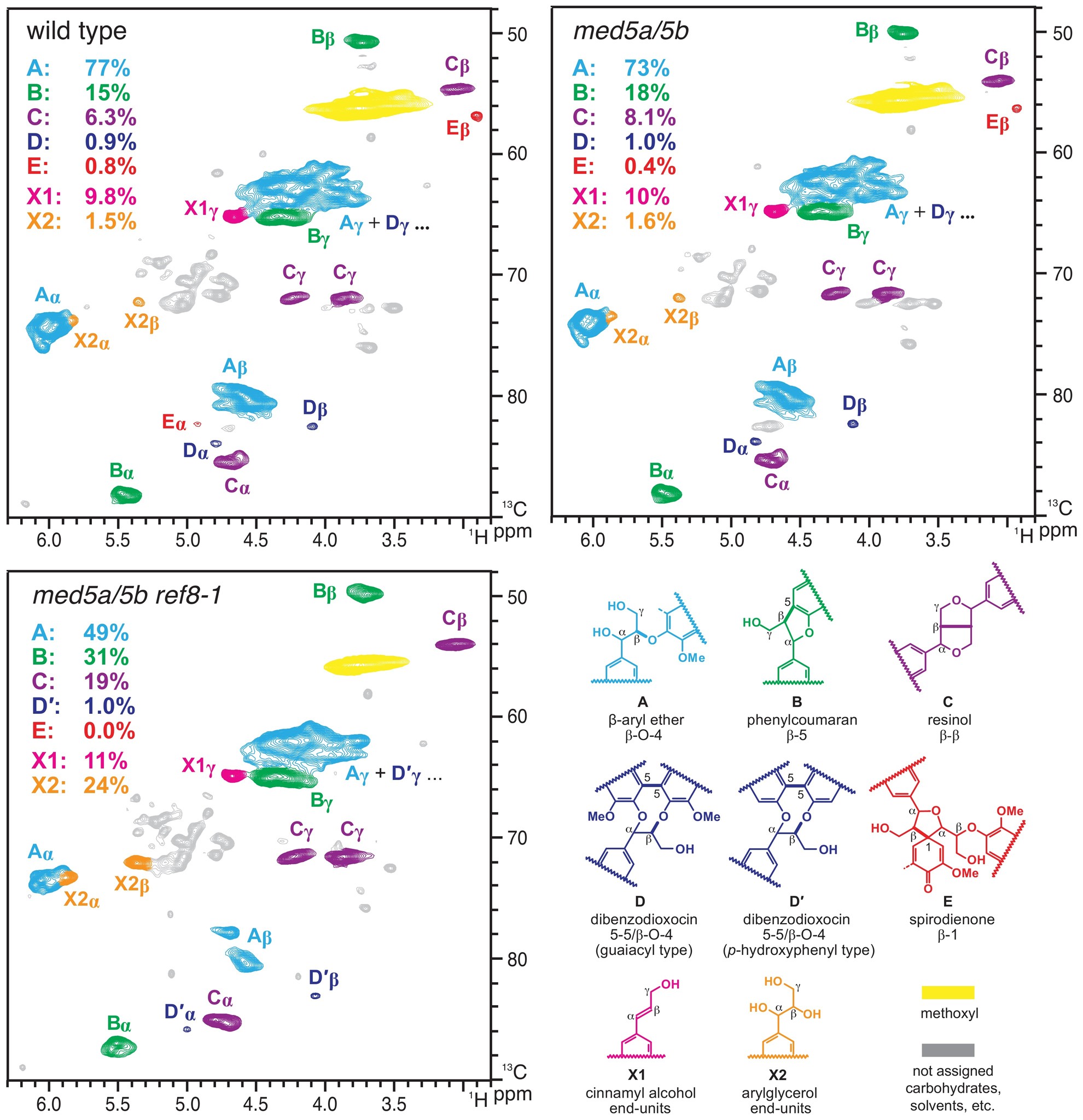 Extended Data Figure 5: Lignin of med5a/5b ref8-1 mutant plants differs structurally from lignin of wild-type or med5a/5b mutant plants.