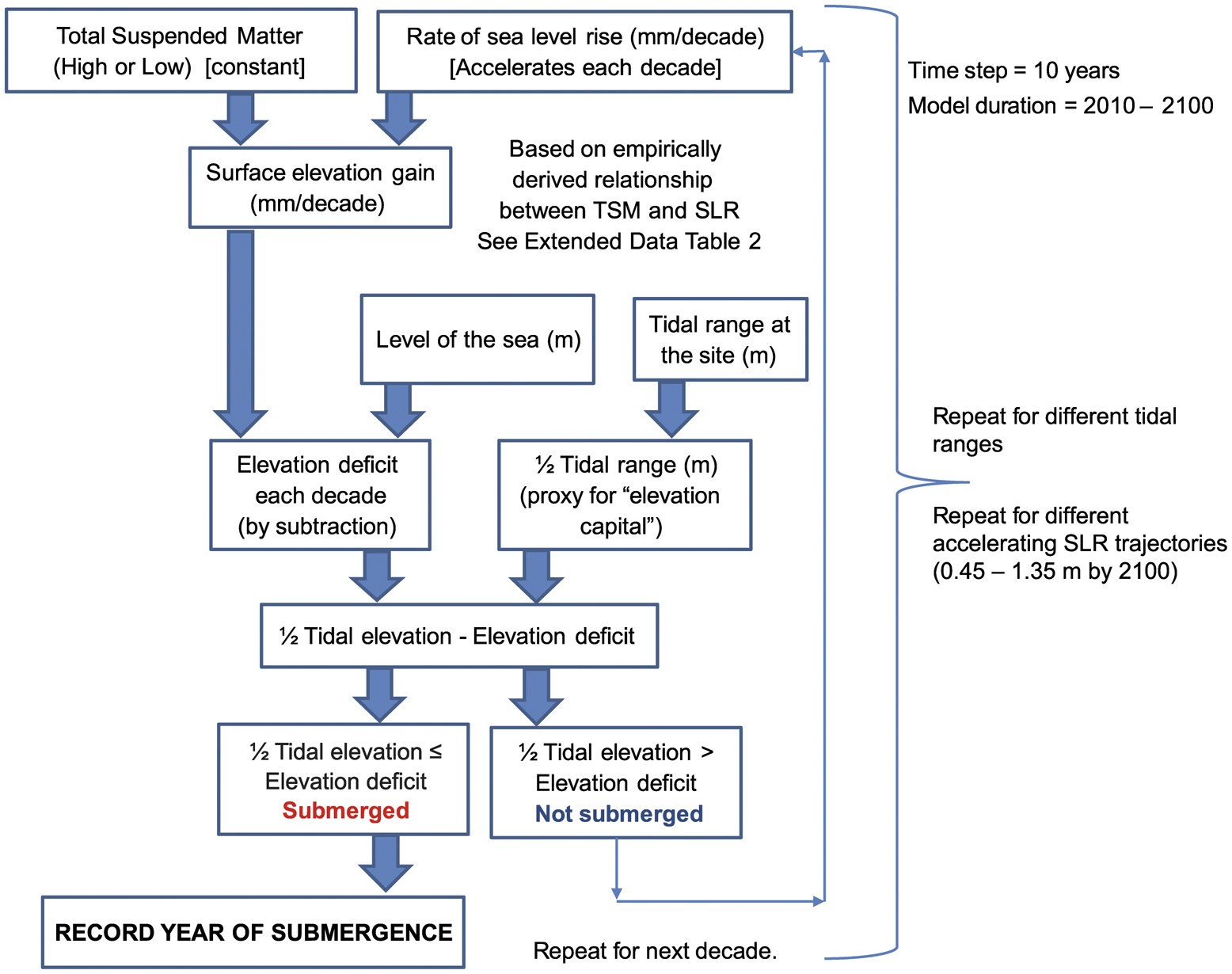 Extended Data Figure 3: Schematic summary of the modelling process for estimating the decade of submergence of mangrove forests with SLR.
