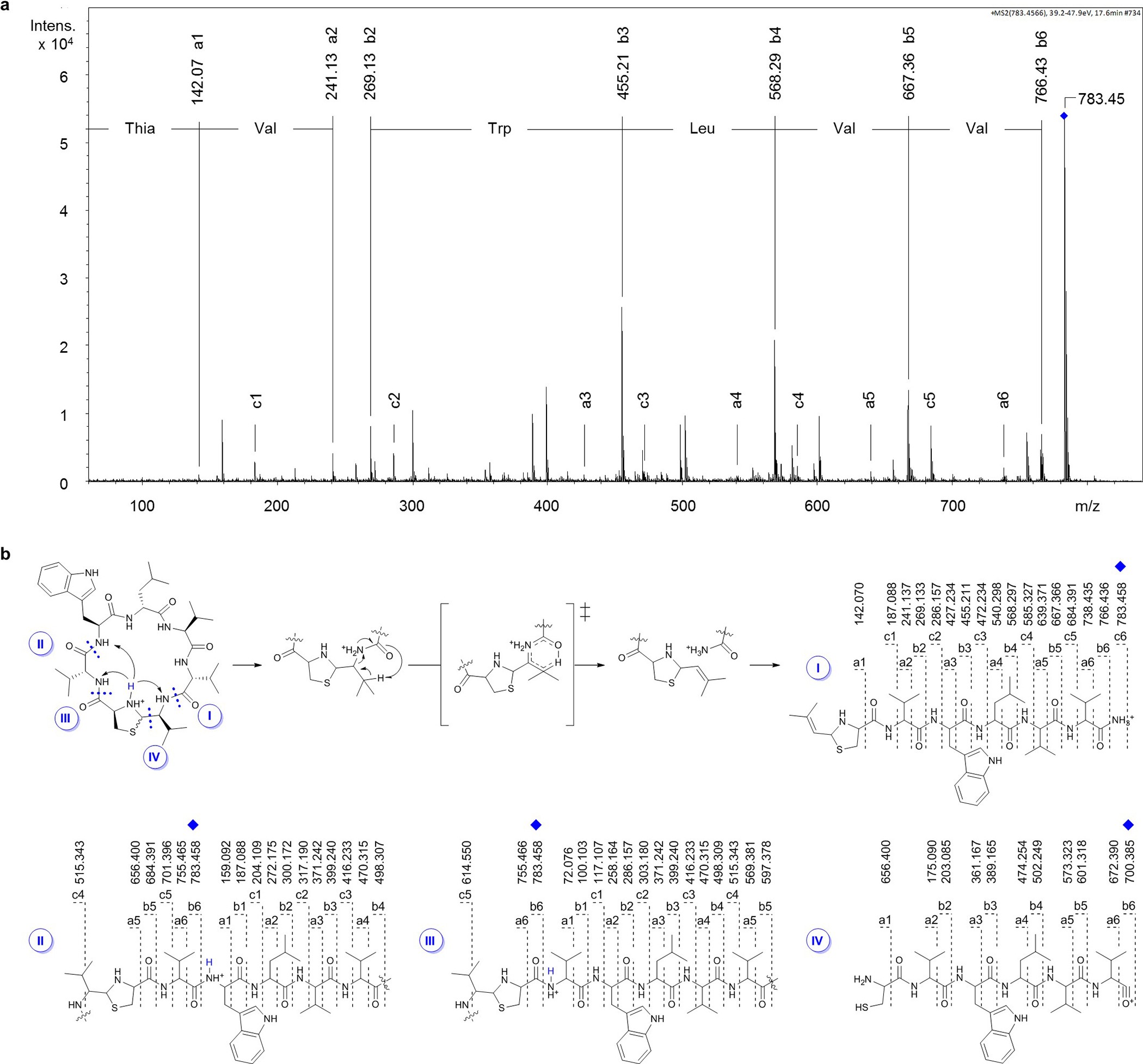 Extended Data Figure 2: Structure elucidation by multistage tandem and electrospray ionization high-resolution mass spectrometry.