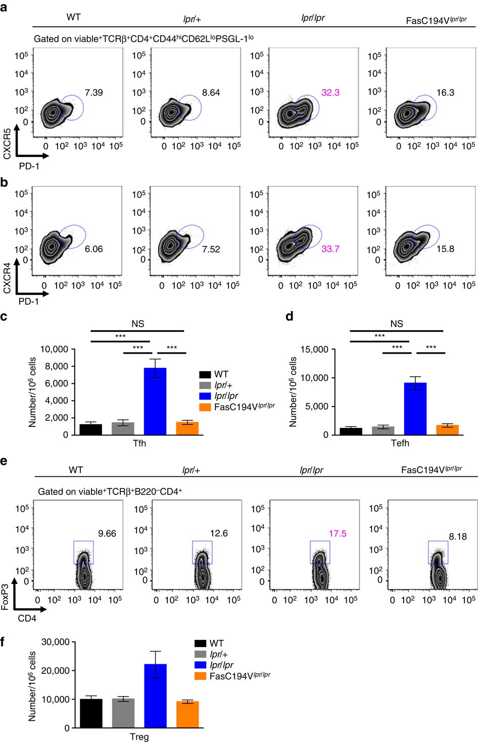 Figure 6: Fas C194V prevents accumulation of TFH and TEFH.