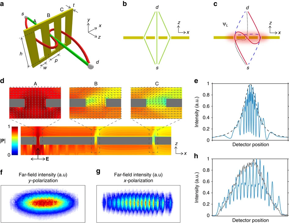 (a) The three-slit structure considered in this study. The red path going from point s to point d illustrates a possible looped trajectory of light.