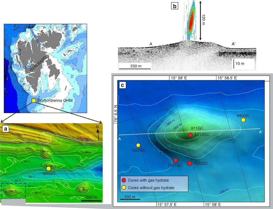 Figure 1: Bathymetry and core location from Storfjordrenna gas hydrate mounds.