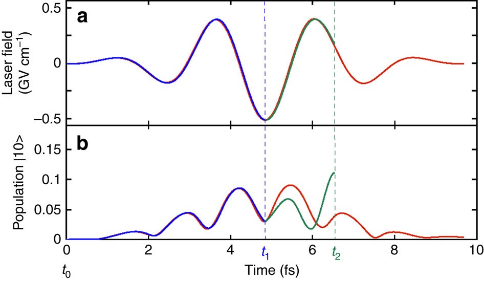 Figure 5: Laser-field control of asymmetric hydrogen bond breaking.