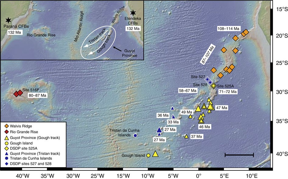 Figure 1: Bathymetric map of the South Atlantic Ocean and its margins showing the Tristan-Gough hotspot track.
