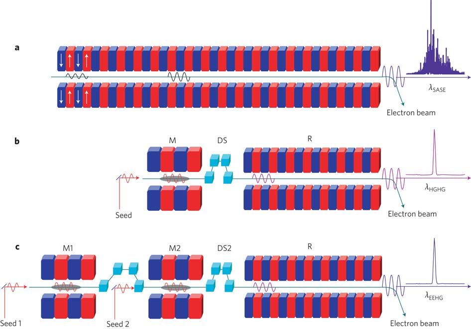 Comparison of the FEL performance between self-modulation HGHG (blue)