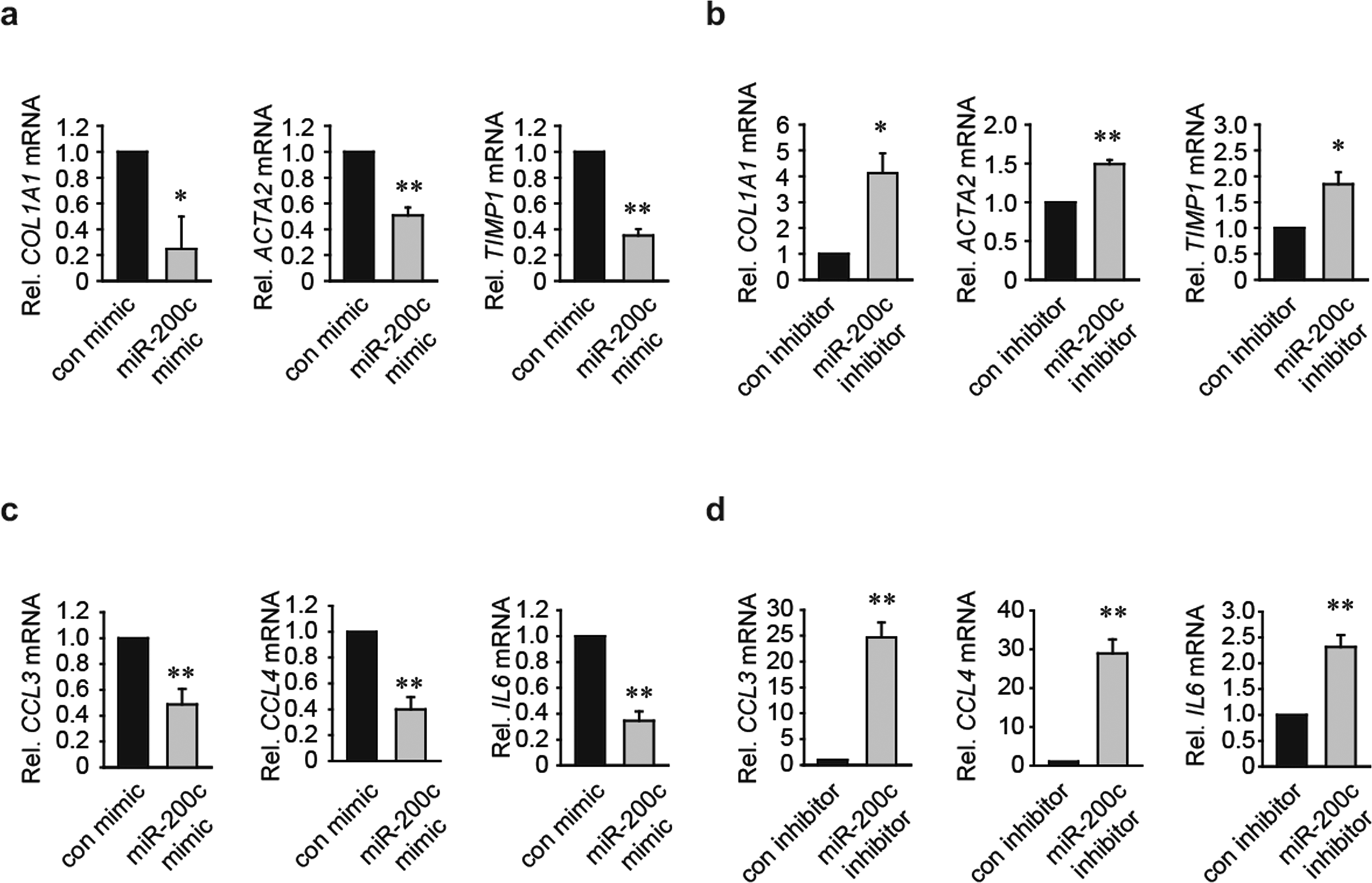 Fig. 3: miR-200c decreases hepatic fibrogenic and inflammatory gene expression.