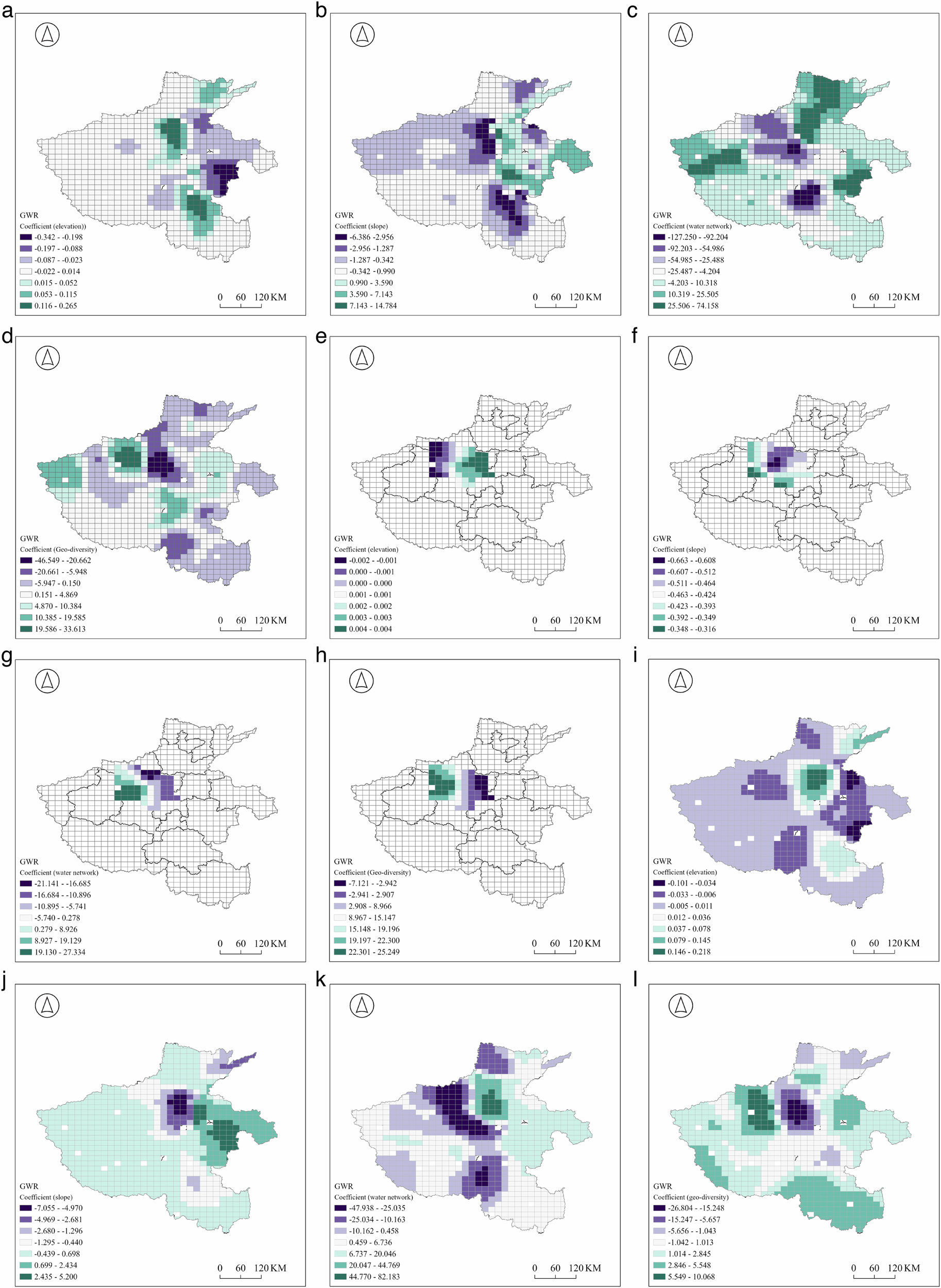 Fig. 18: Spatial distribution of regression coefficients of influencing factors.