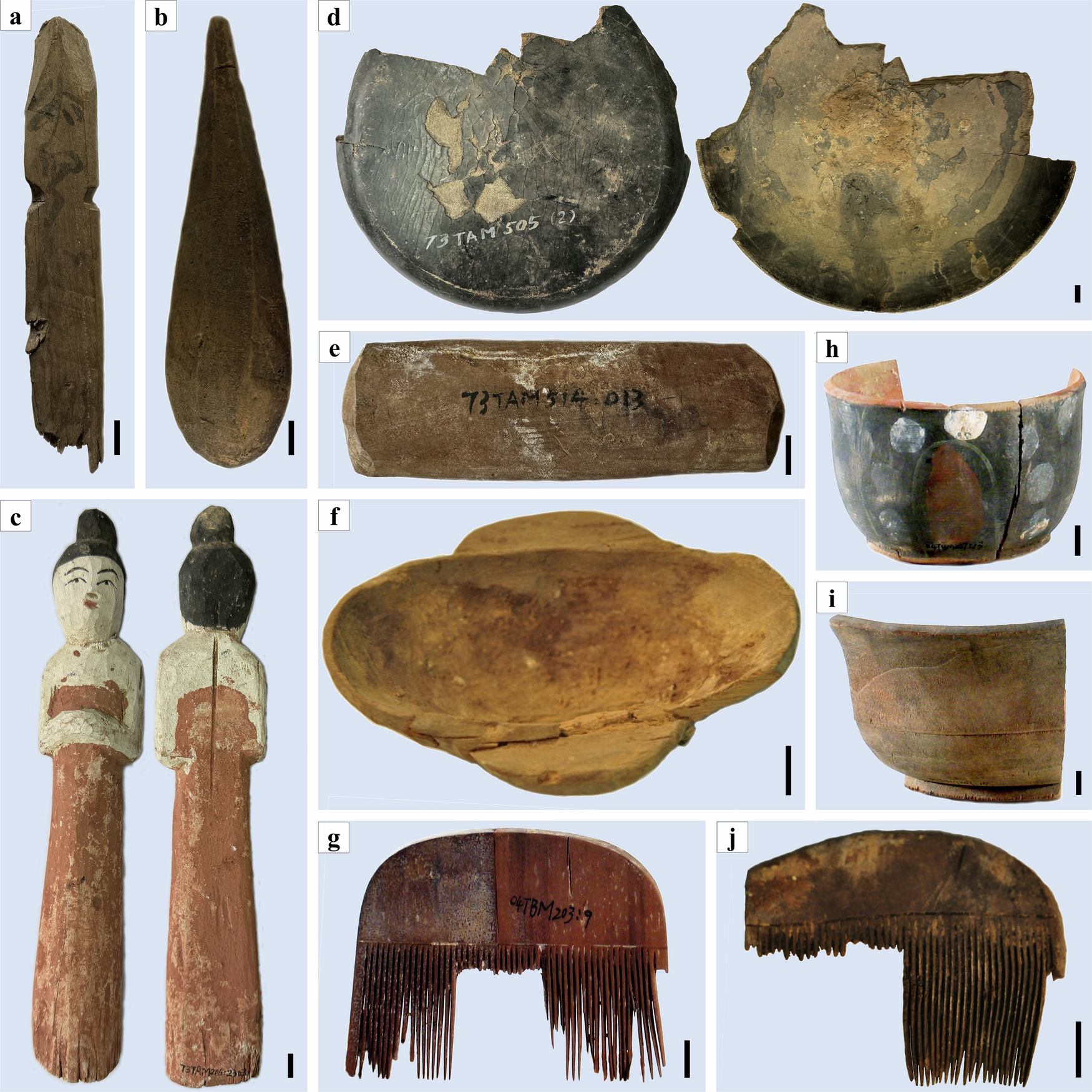 Fig. 3: Wooden artefacts excavated from Astana and Badam Cemeteries (Scale bars in a-j are 1 cm).