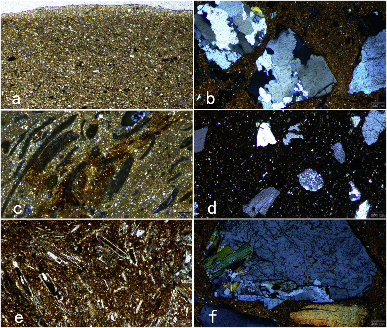 Fig. 3: Petrographic characteristics of typical ceramic sherds obtained at the Qixingdun site.