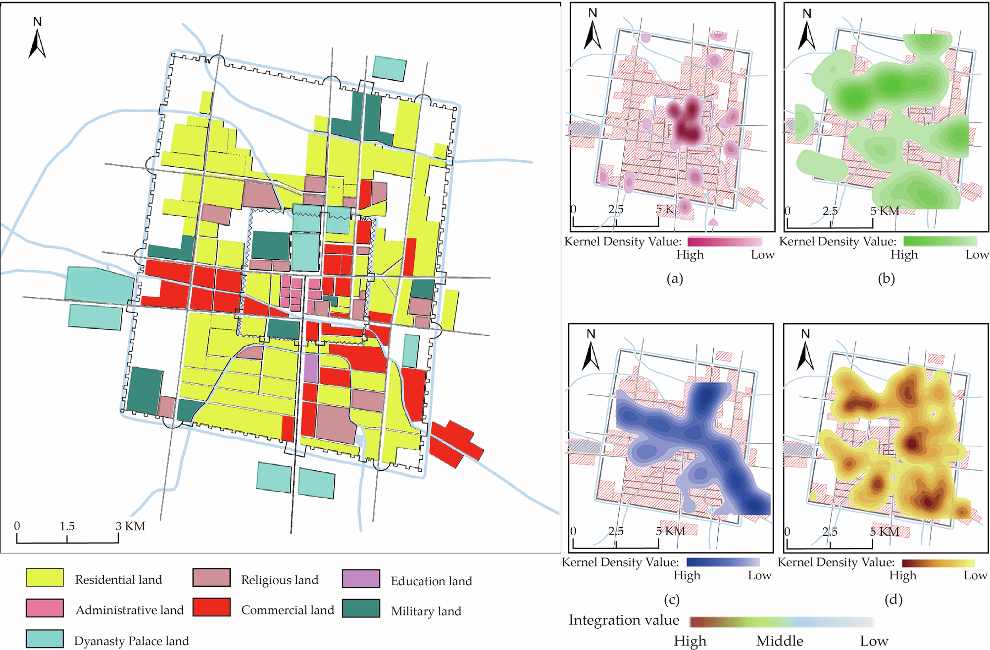 Fig. 11: Land use types and kernel density analysis of major functions in the Northern Song period.