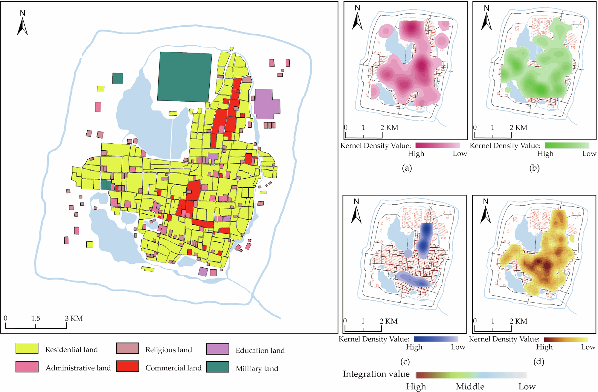 Fig. 13: Land use types and kernel density analysis of major functions in the Qing period.