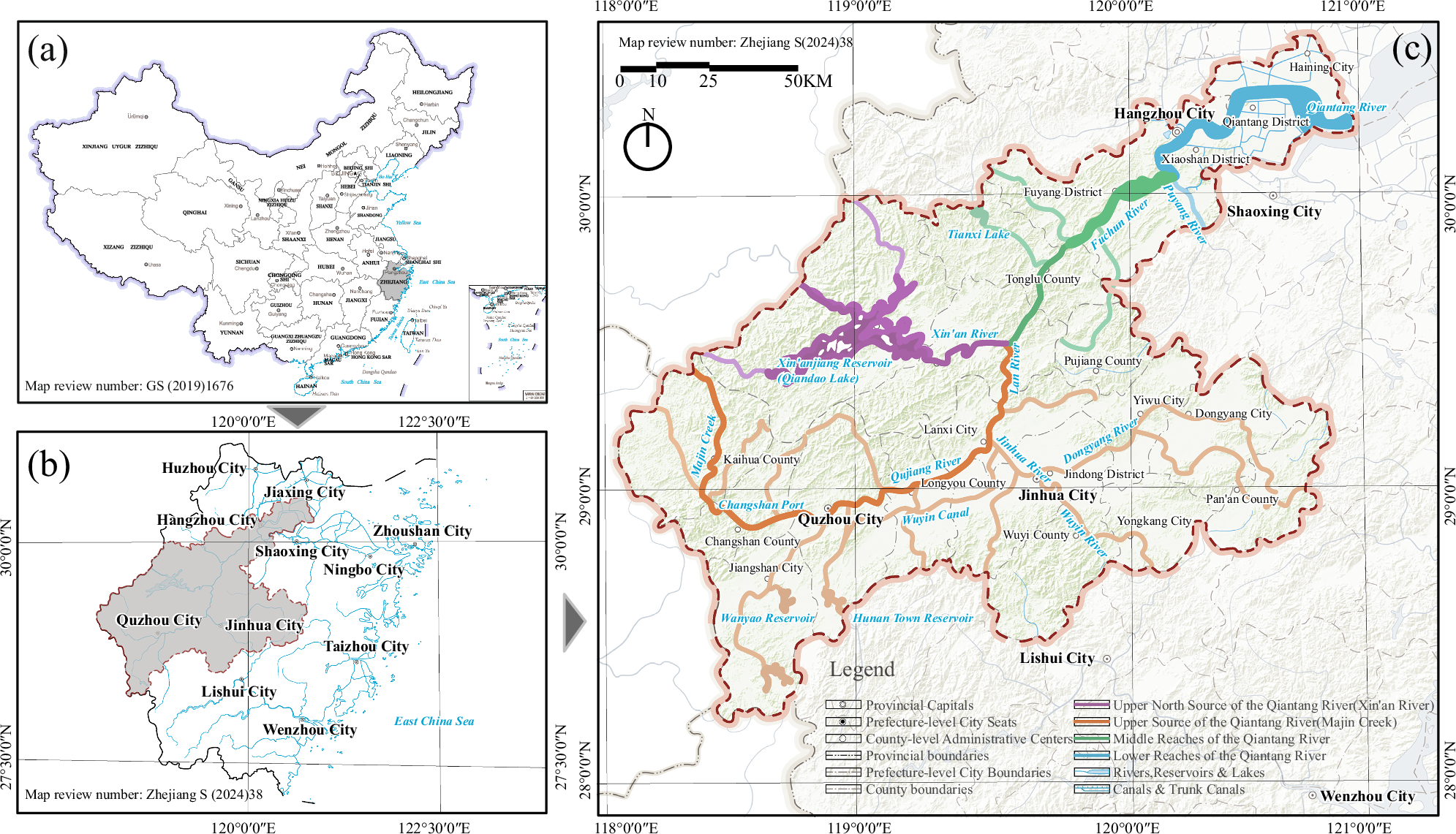 Fig. 1: Study extent and environment of the upper, middle and lower reaches of the Qiantang River Poetry Road.