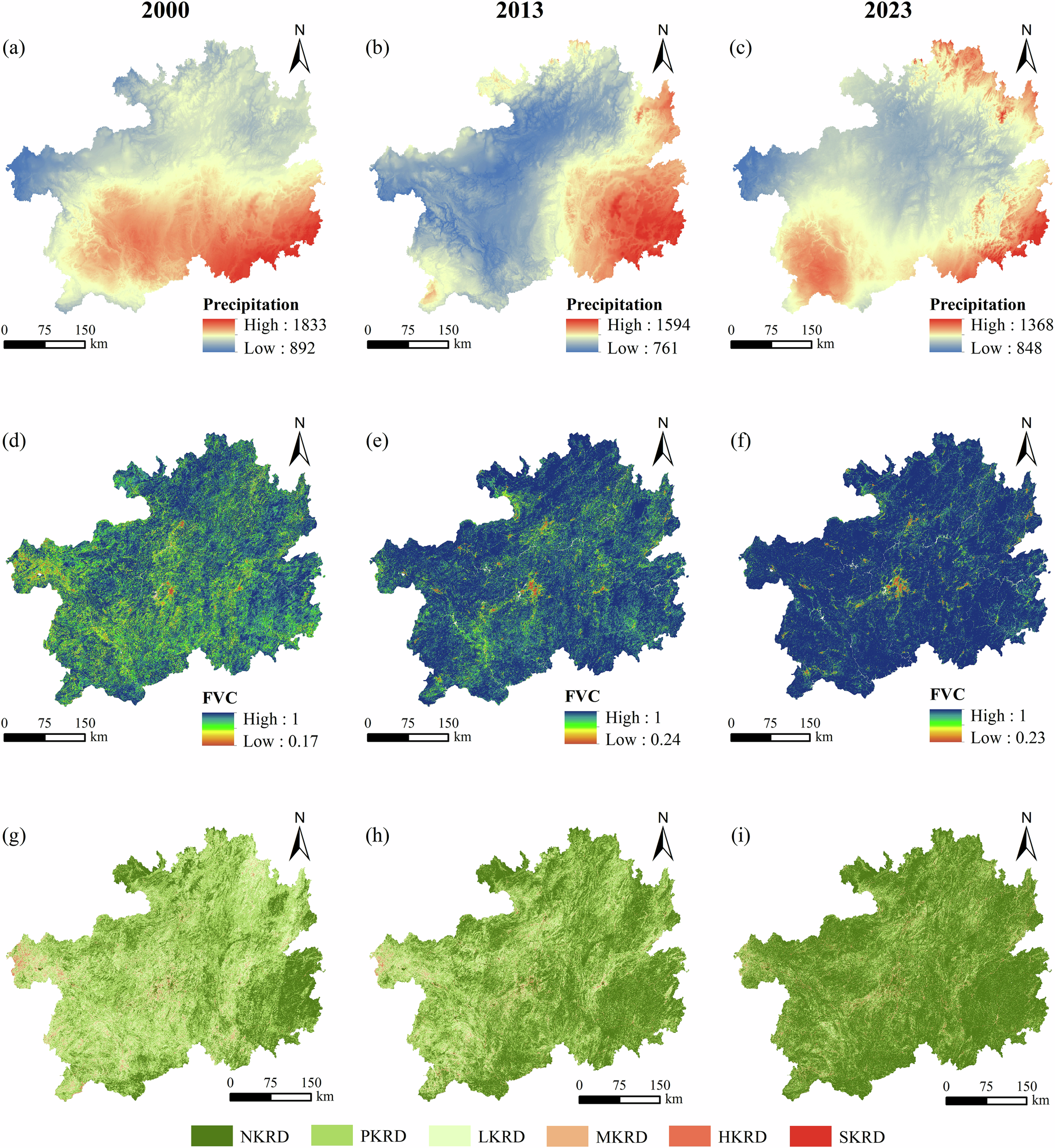 Fig. 10: Spatial distribution of precipitation, FVC, and rocky desertification degree in Guizhou province.