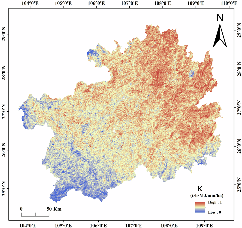 Fig. 2: Spatial distribution of the soil erodibility factor (K).