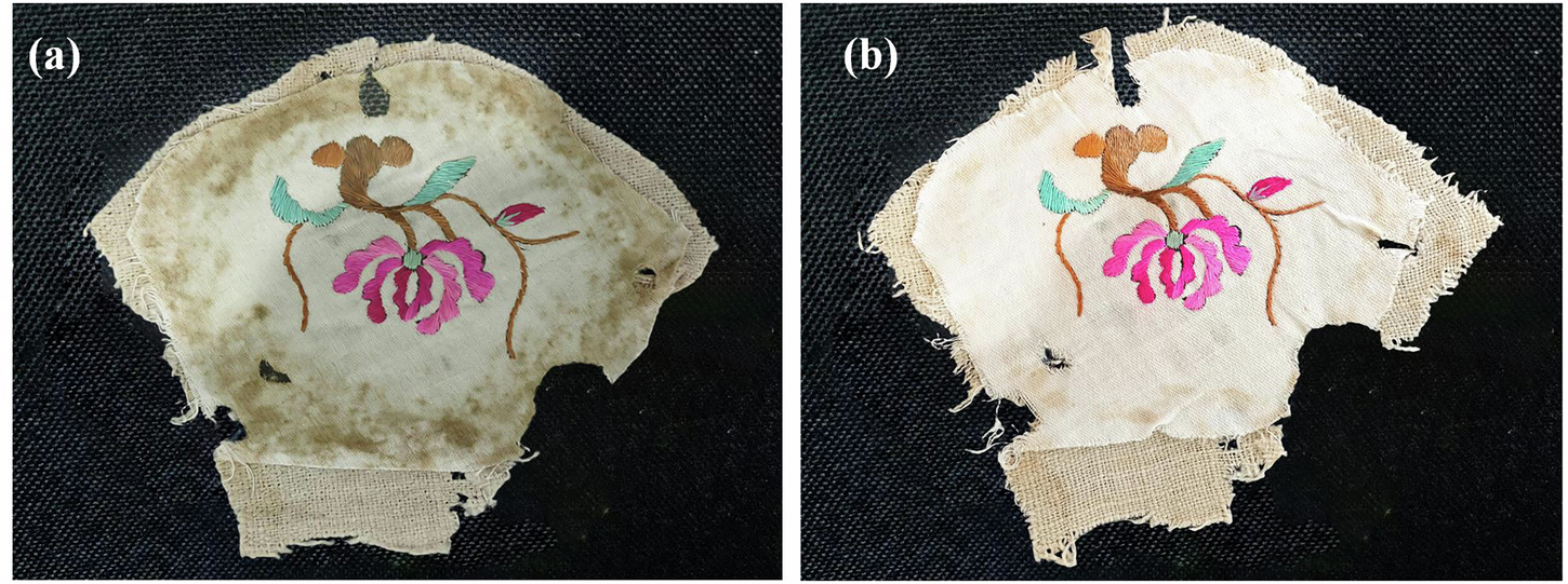 Fig. 6: Practical application of optimal formulations in textile relics.