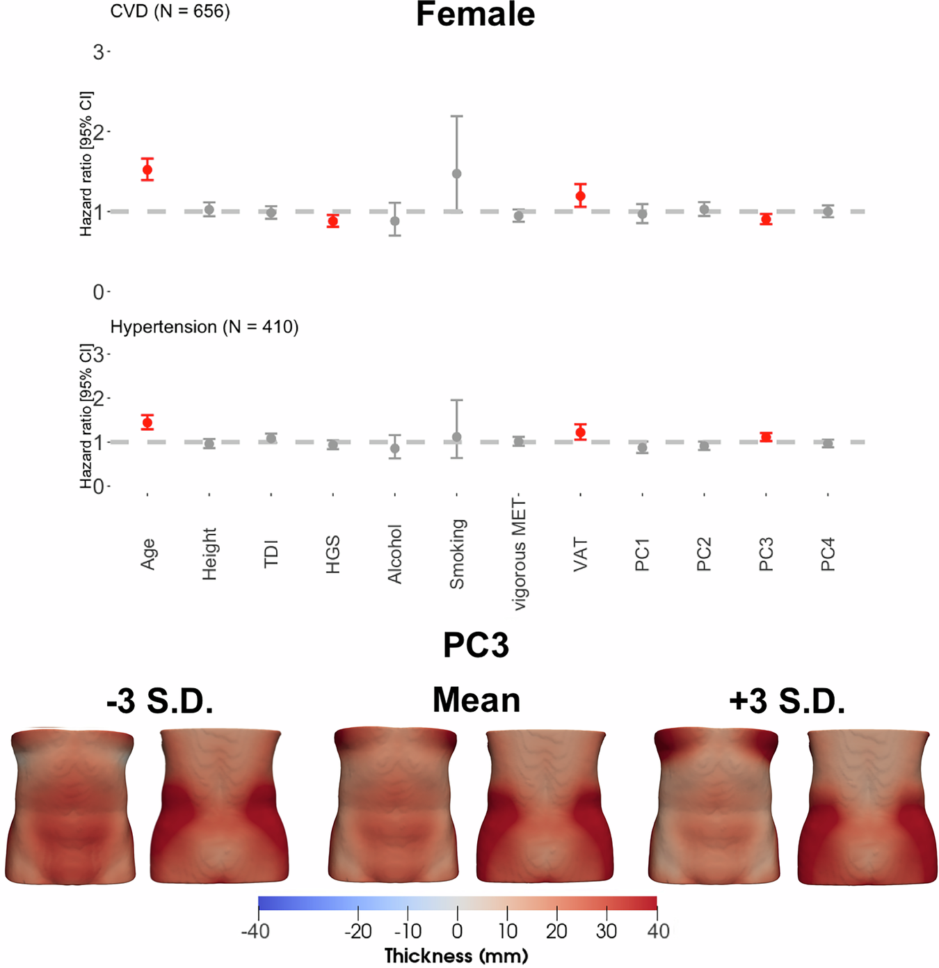 Fig. 4: Hazard ratios and 95% CIs for CVD and hypertension outcomes for the female participants, adjusted for age, ethnicity, height, dominant HGS, Townsend deprivation index, alcohol intake frequency, smoking status, vigorous MET, VAT volume, and the first four PC scores of the ASAT thickness.