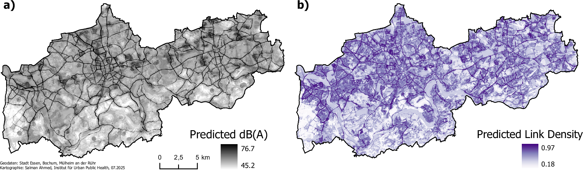 Fig. 3: Predicted sound maps for LAeq and Link Density.