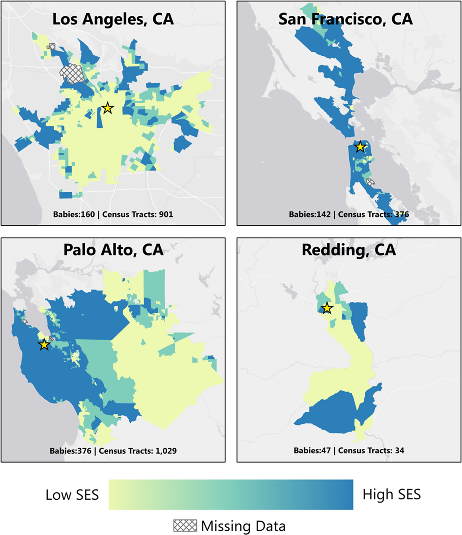 Fig. 2: Maps of four NICU catchment areas from the California Perinatal Quality Care Collaborative.