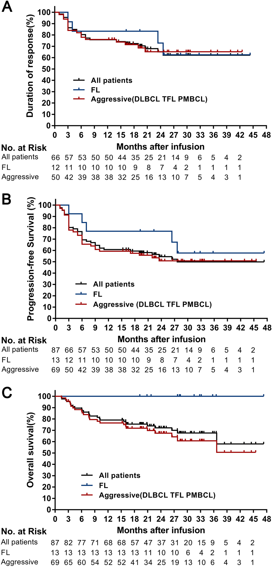 Fig. 3: Kaplan–Meier estimates of the duration of response, progression-free survival, and overall survival.