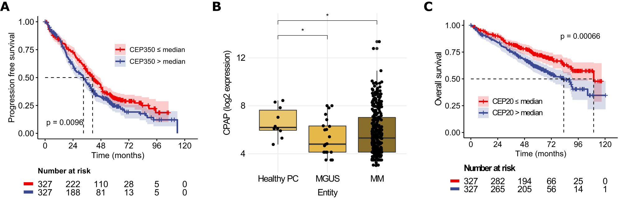 Fig. 5: Gene expression analysis of centriolar proteins in PCD patients and their correlation with survival in MM patients.