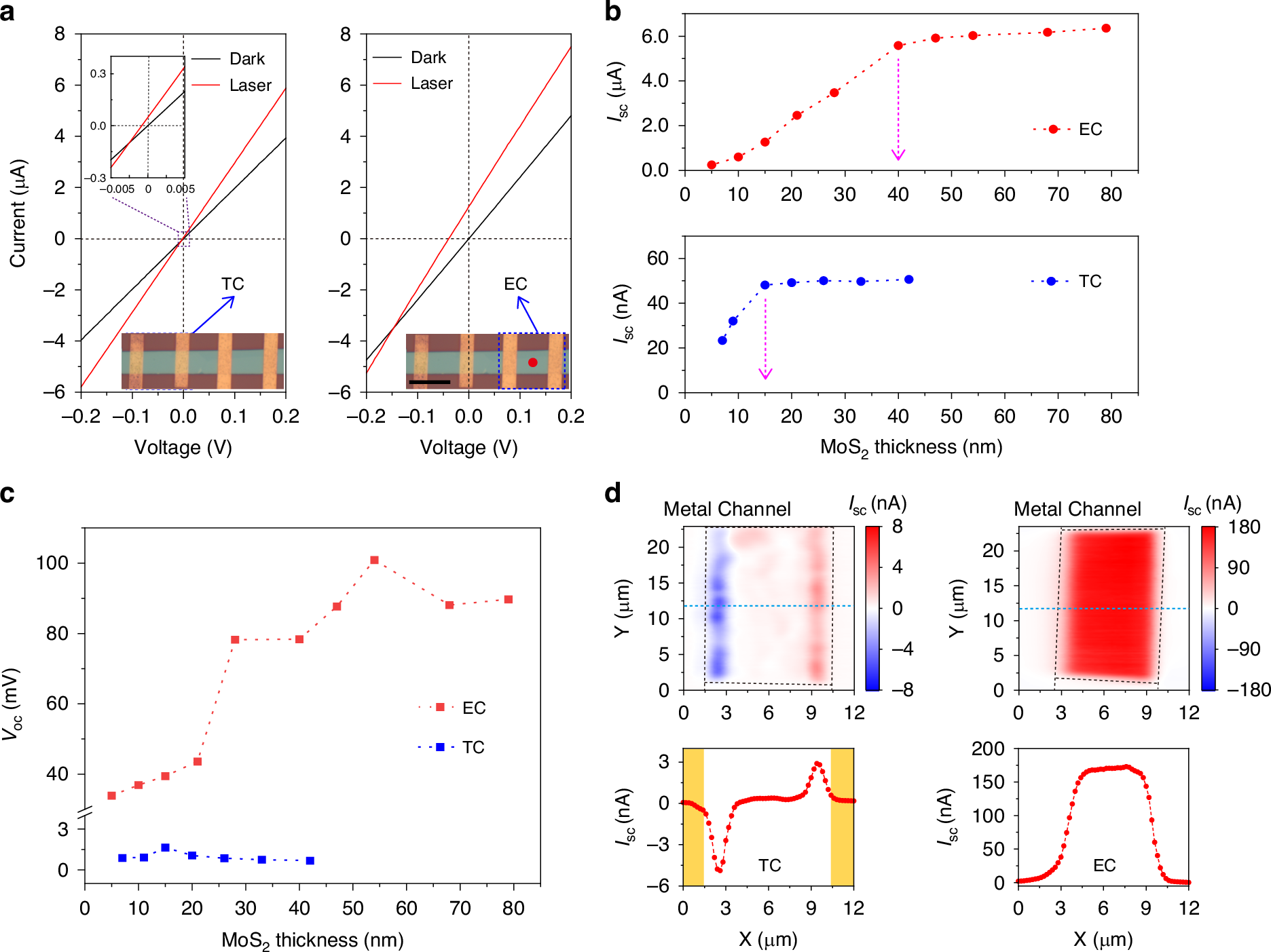 Fig. 2: Characteristics of the BPVE in Bi/Au-based 3R-MoS2 devices.