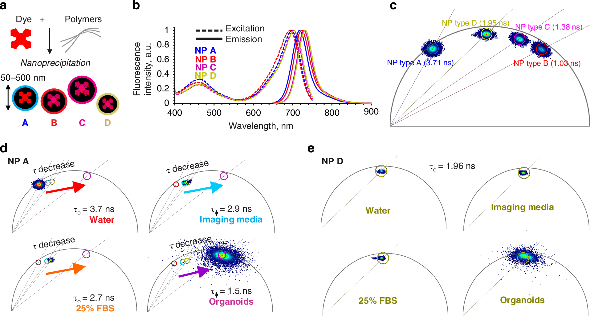 Fig. 1: Design, spectral and fluorescence lifetime characteristics of the model nanoplastics NP A-D.