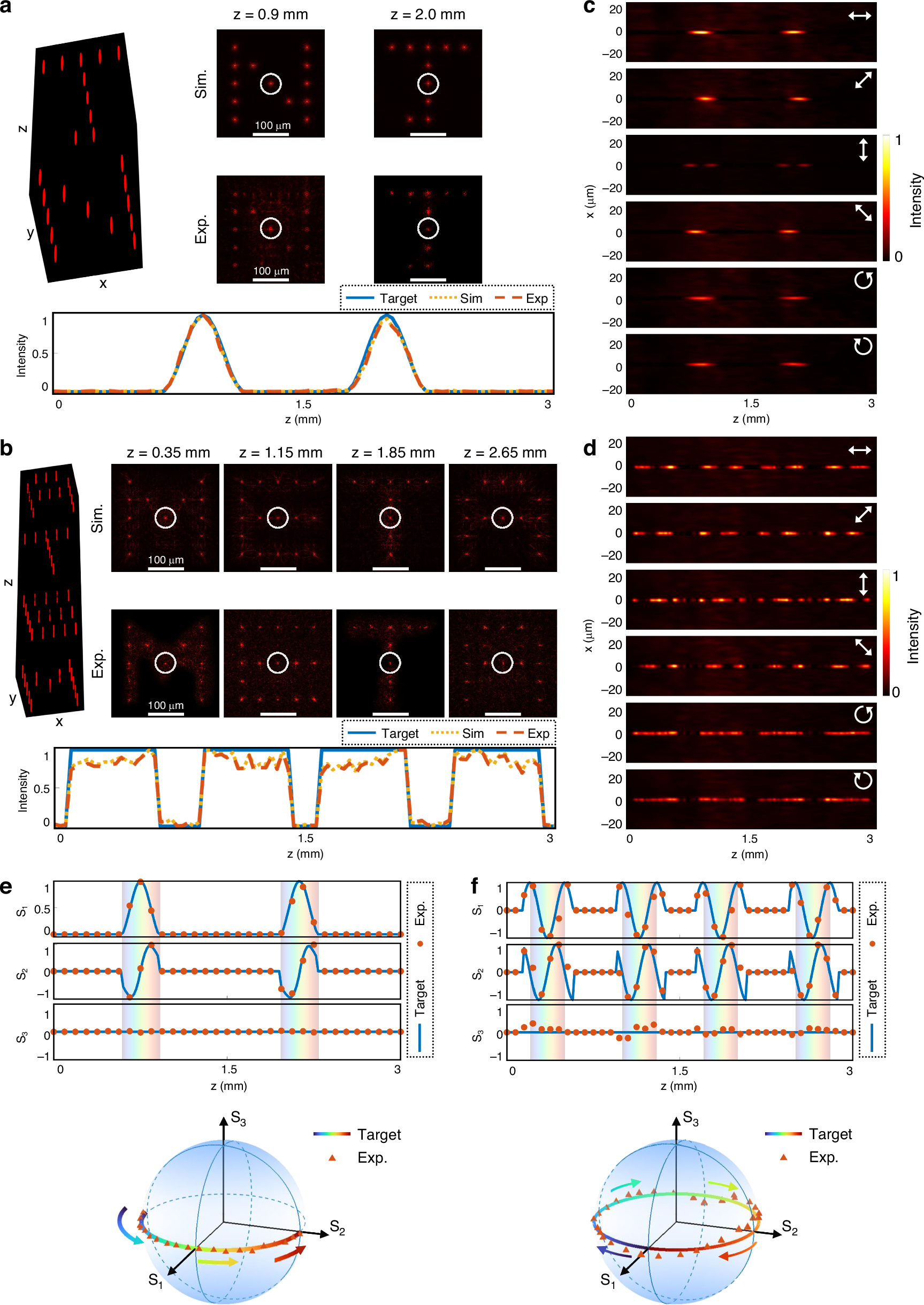 Fig. 3: Demonstration of the 3D vectorial holography using a beam array with different longitudinal intensity profiles and rotating linear polarization state.