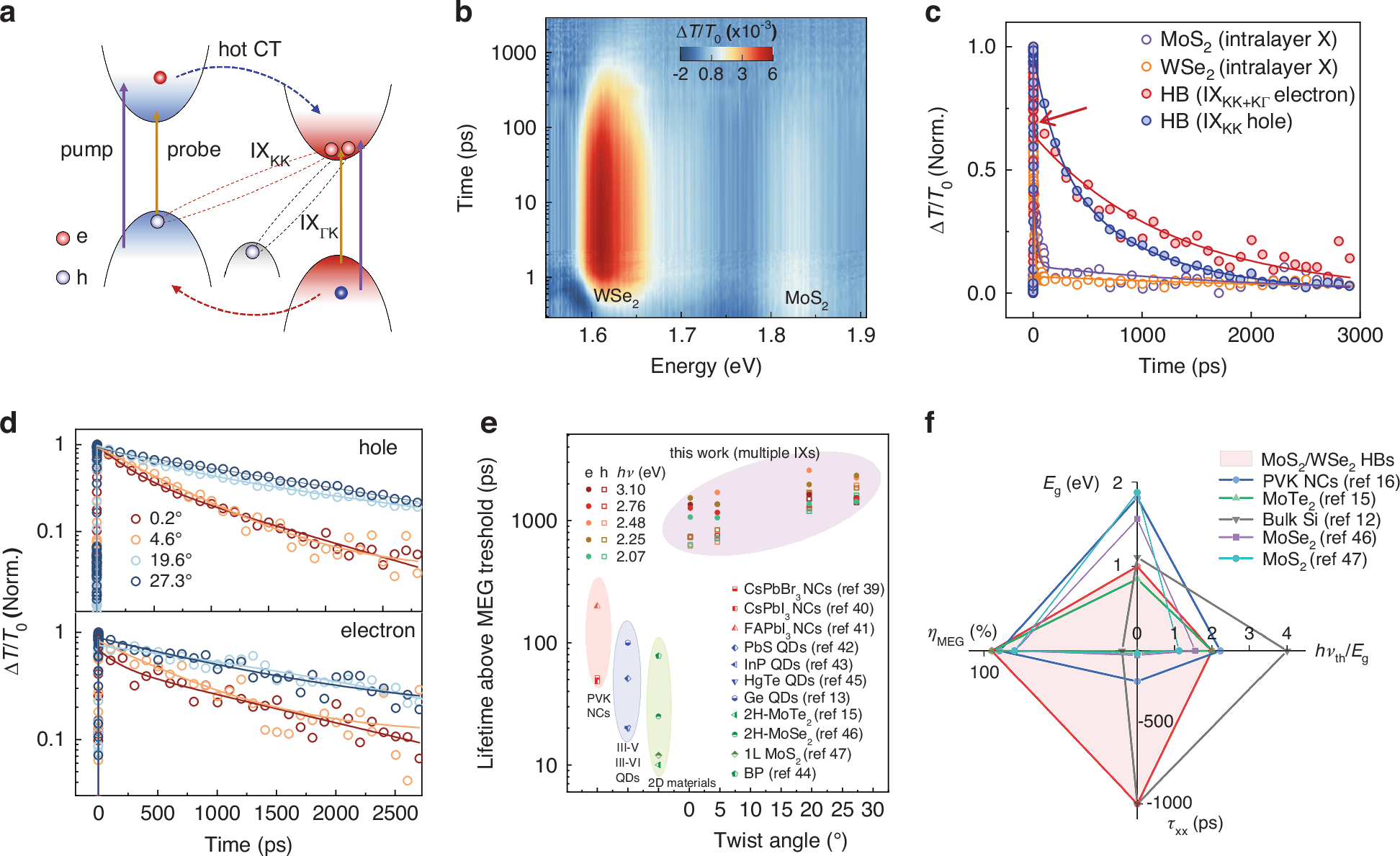 Fig. 2: Photocarrier dynamics in twisted MoS2/WSe2 heterobilayers.