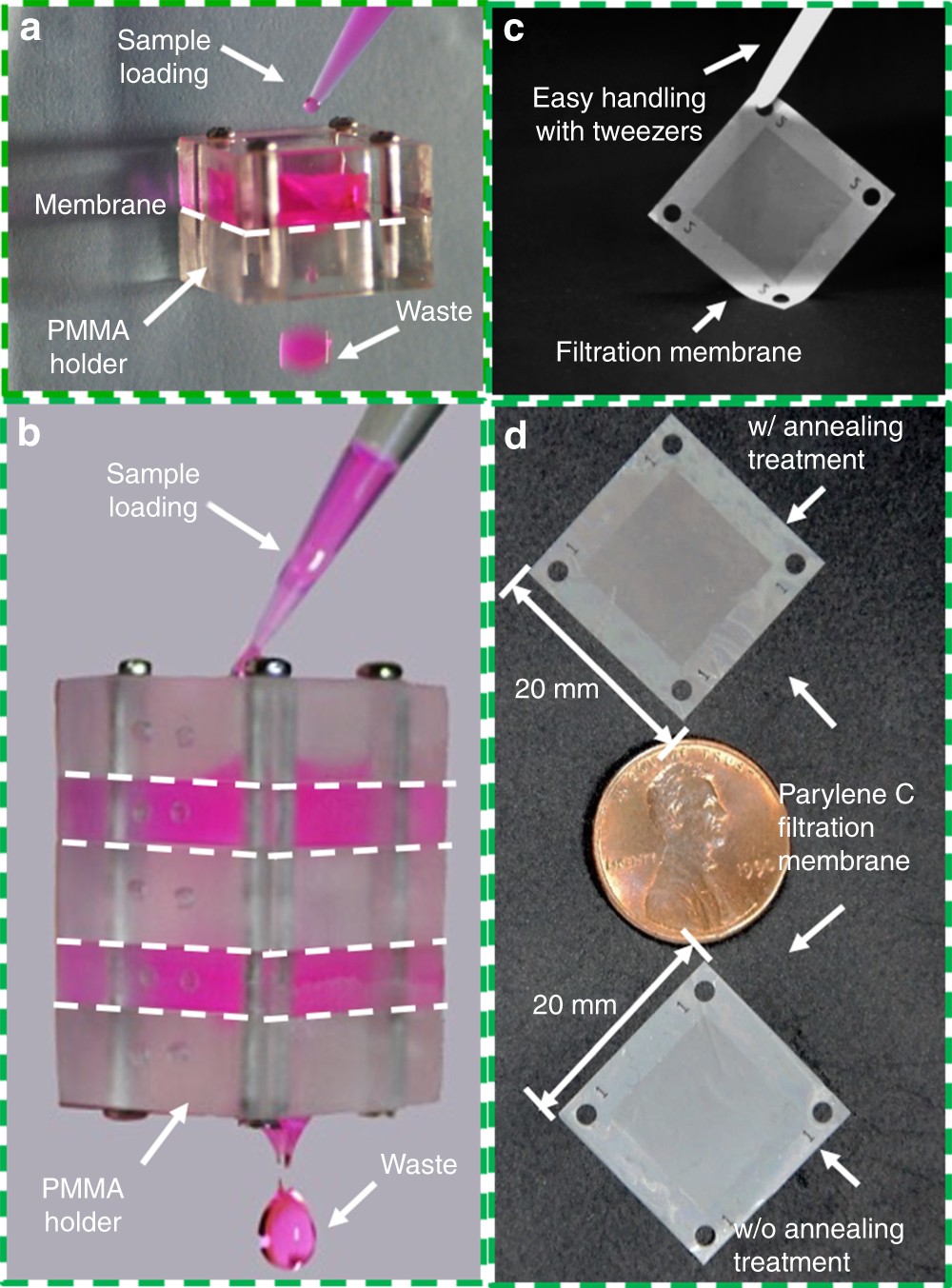Fig. 2: 2.5D micropore-array Parylene C membrane and the filtration system.