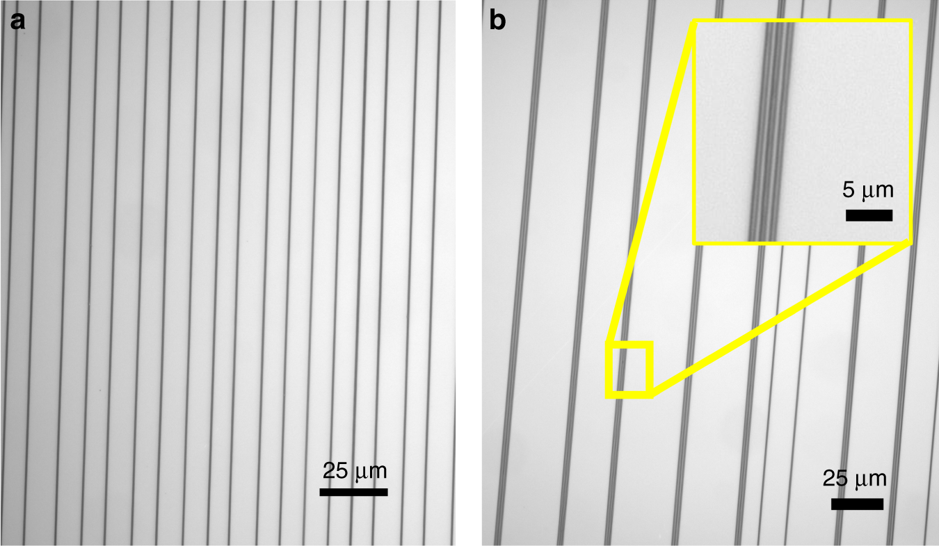Fig. 4: Micrographs of wire patterns at various resolutions.
