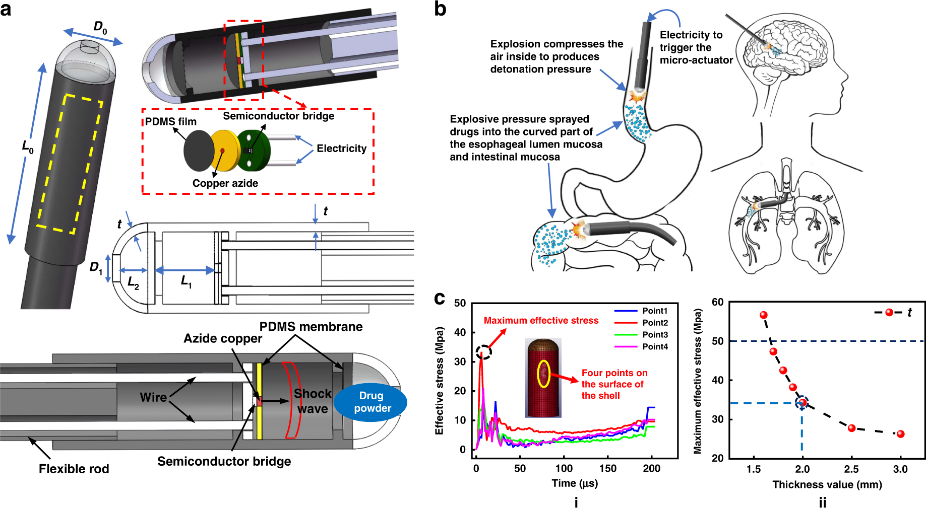 Fig. 1: Overview and numerical characterization of drug delivery microsystem based on microexplosion shockwave injection.