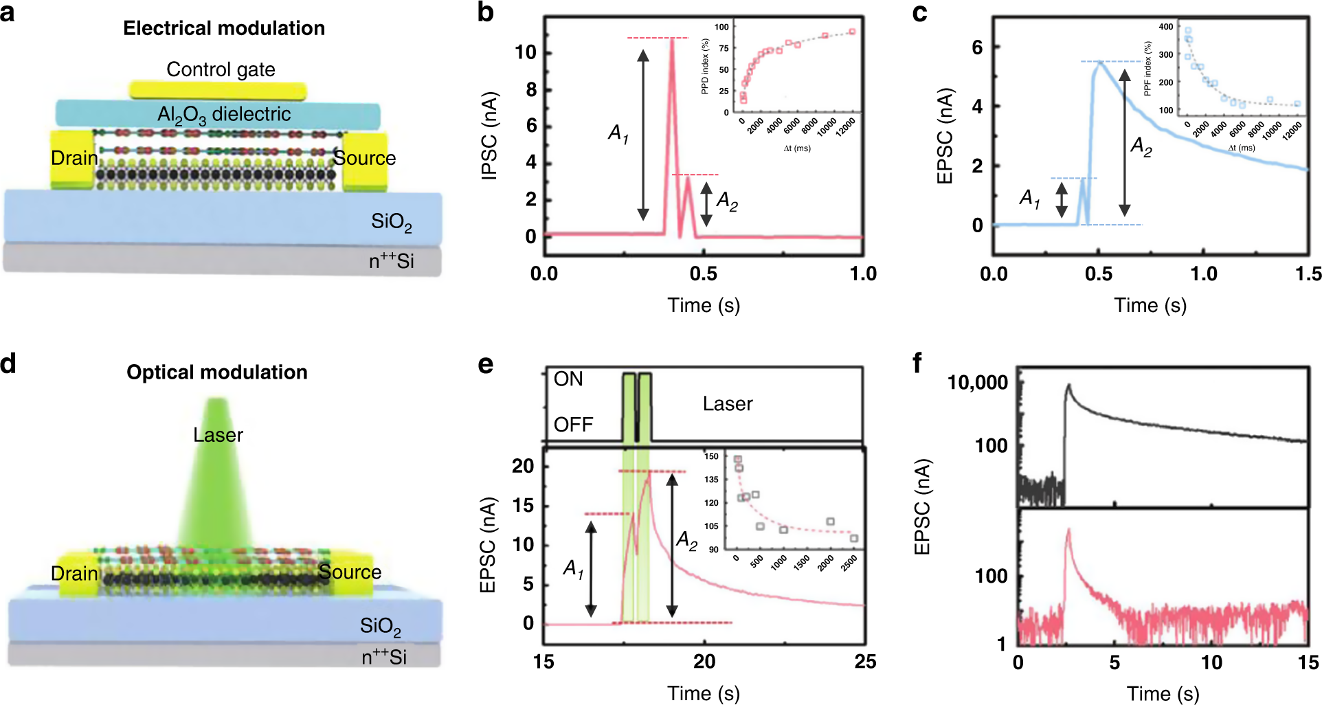 Fig. 5: Artificial synaptic PPF behaviors modulated by electricity or light.