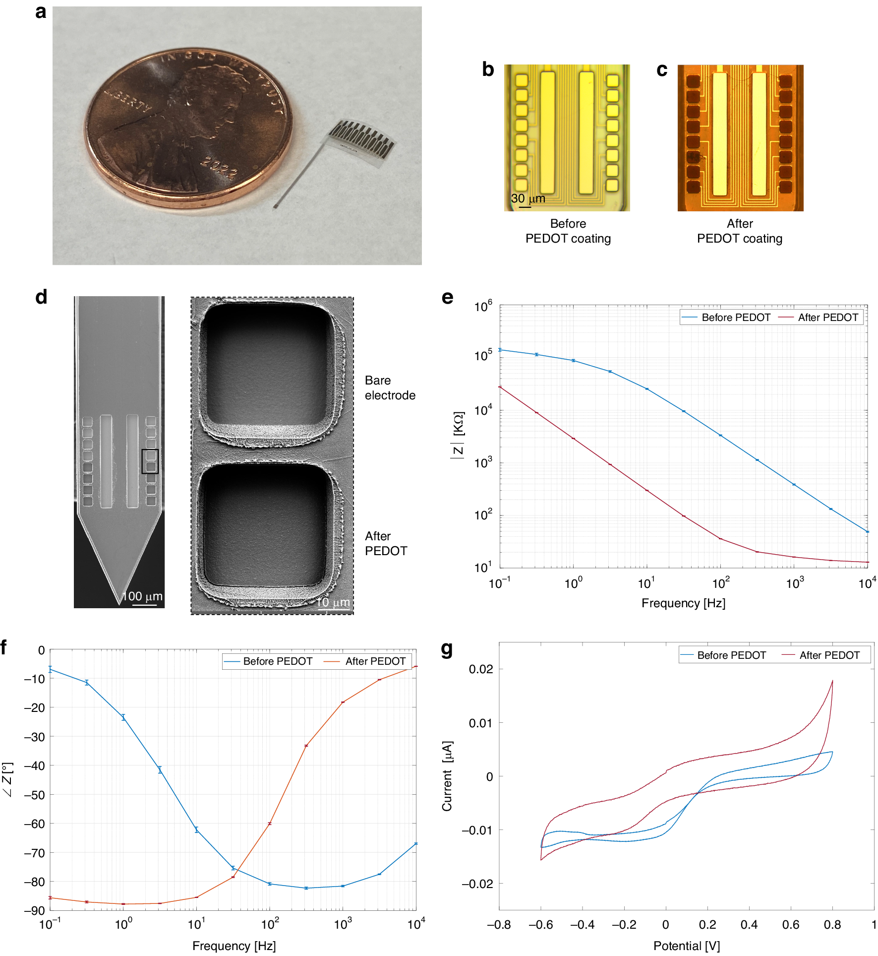 Fig. 2: Characterization and post-fabrication modification of microelectrodes.