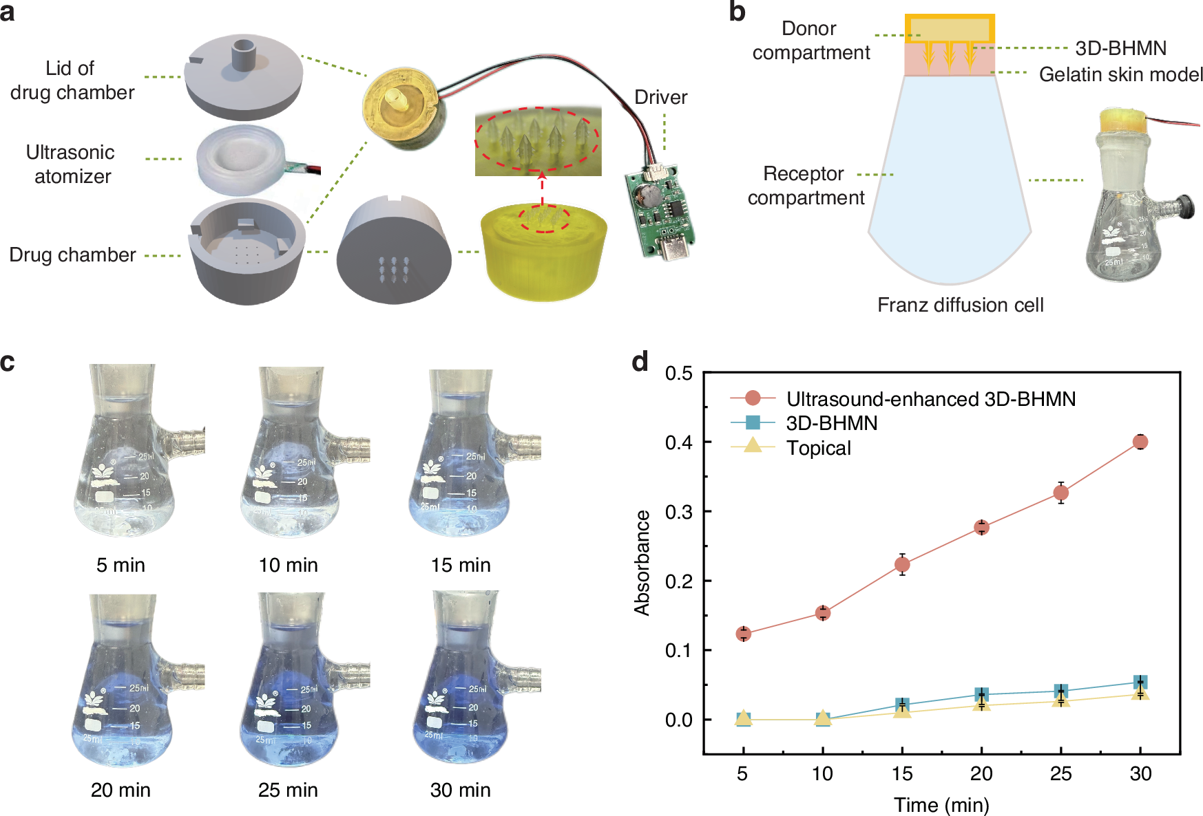 Fig. 4: Demonstration and testing of the 3D-BHMN-based drug delivery module.