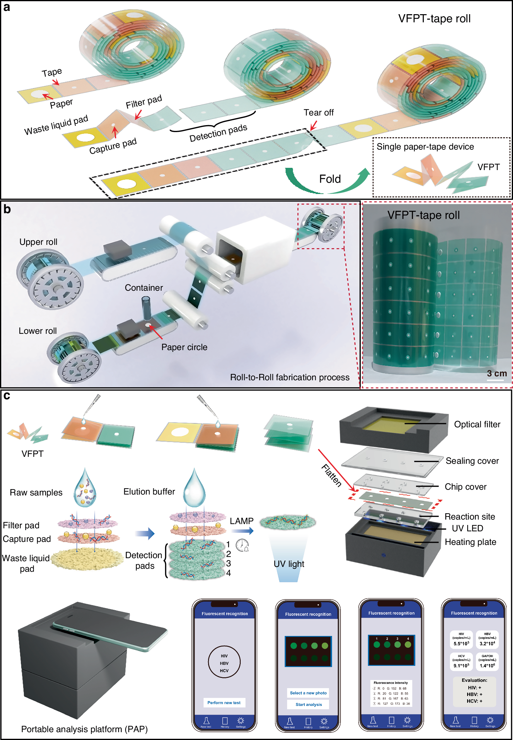 Fig. 1: Structure, fabrication, and detection process of the VFPT-based analytical platform.