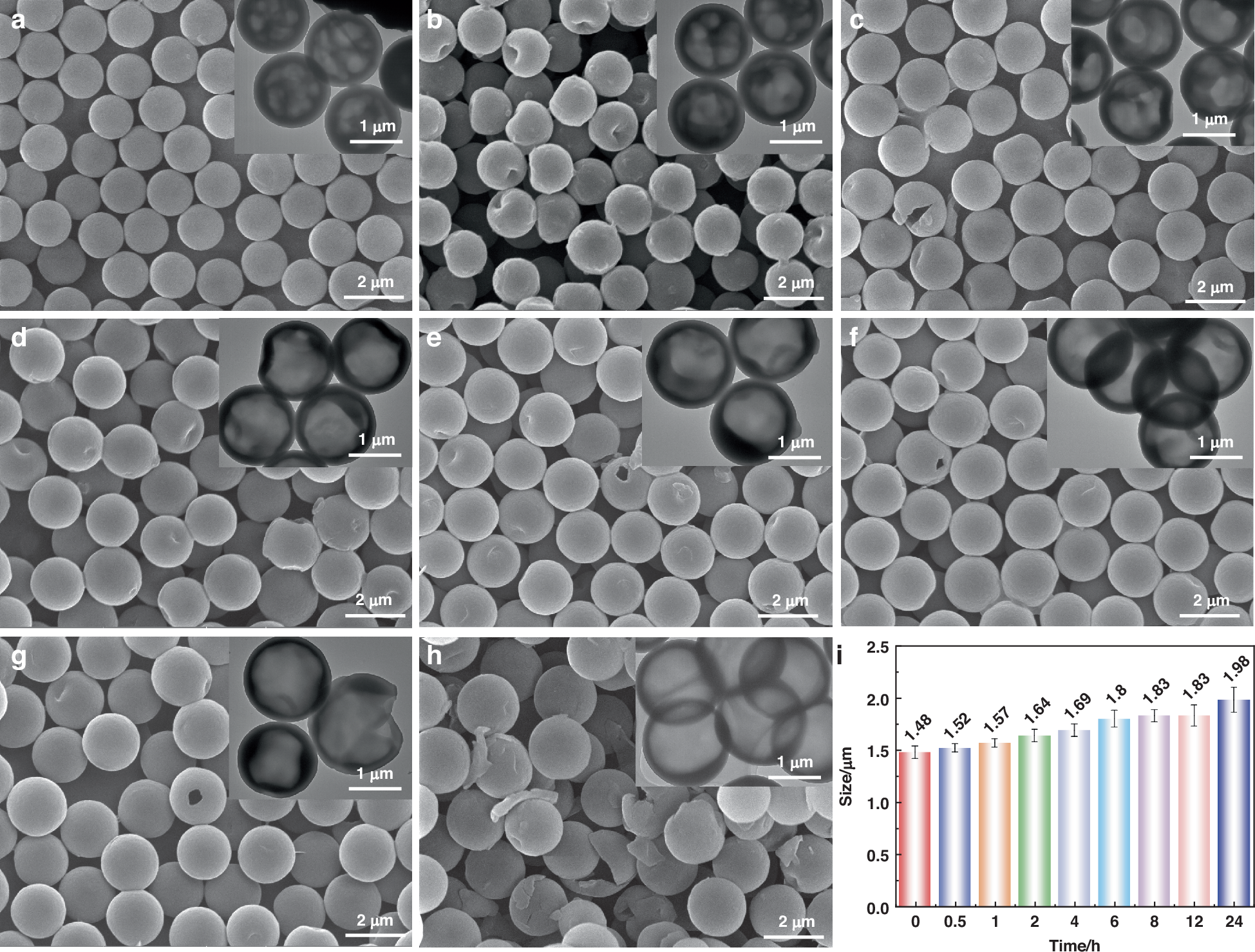 Fig. 2: The evolution behavior of hollow polystyrene microspheres in the water-ethanol mixture (water: ethanol (v:v) = 1:5).