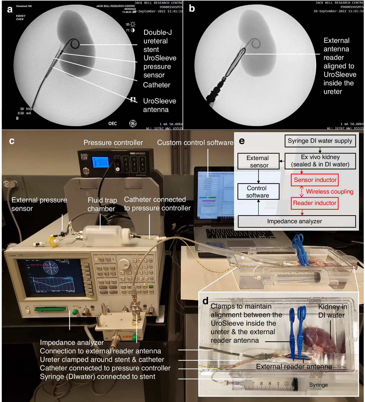 Fig. 4: Experimental setup for validation of wireless intrarenal pressure sensing.