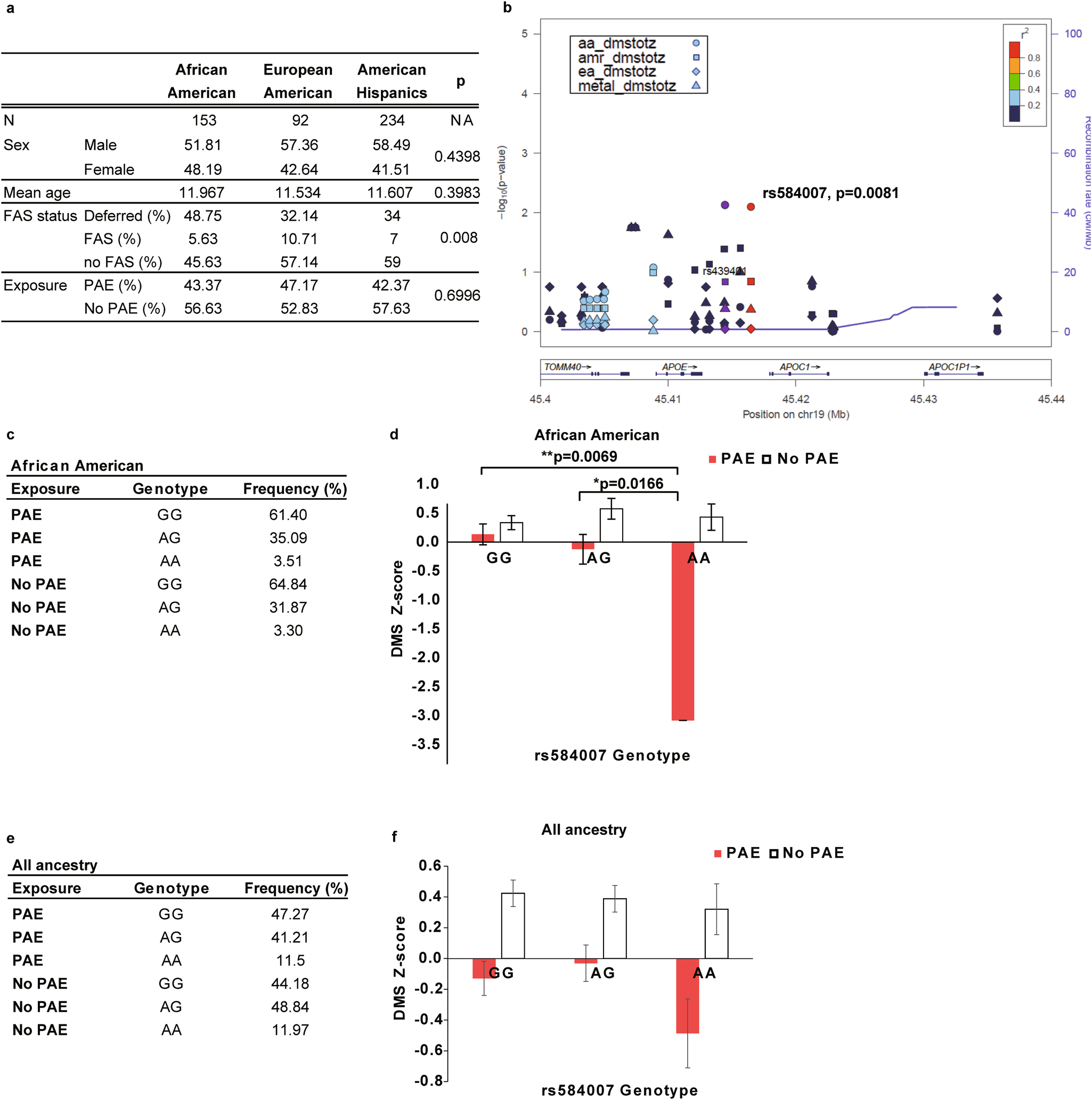 Fig. 5: The SNP rs584007 in an ApoE enhancer is associated with DMS Z-score in PAE children.