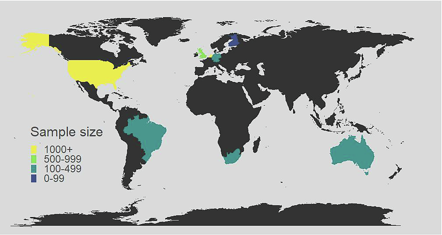 Fig. 1: World map of sample size per country (overlap DNAm and neuroimaging), as covered in MIND.