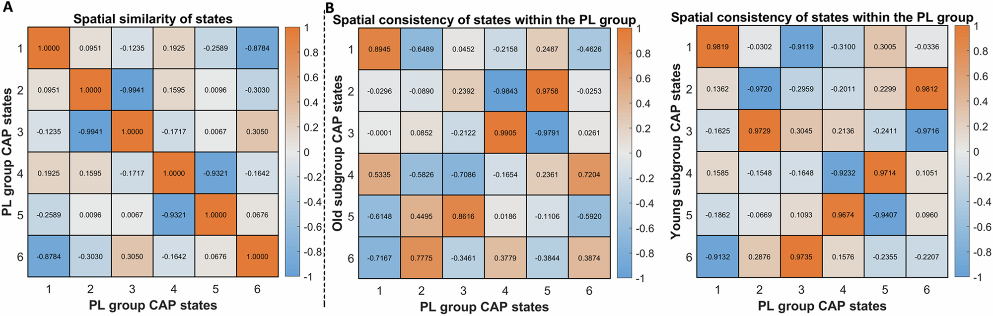 Fig. 2: Spatial similarity and subgroup consistency of CAP states in the placebo (PL) group.