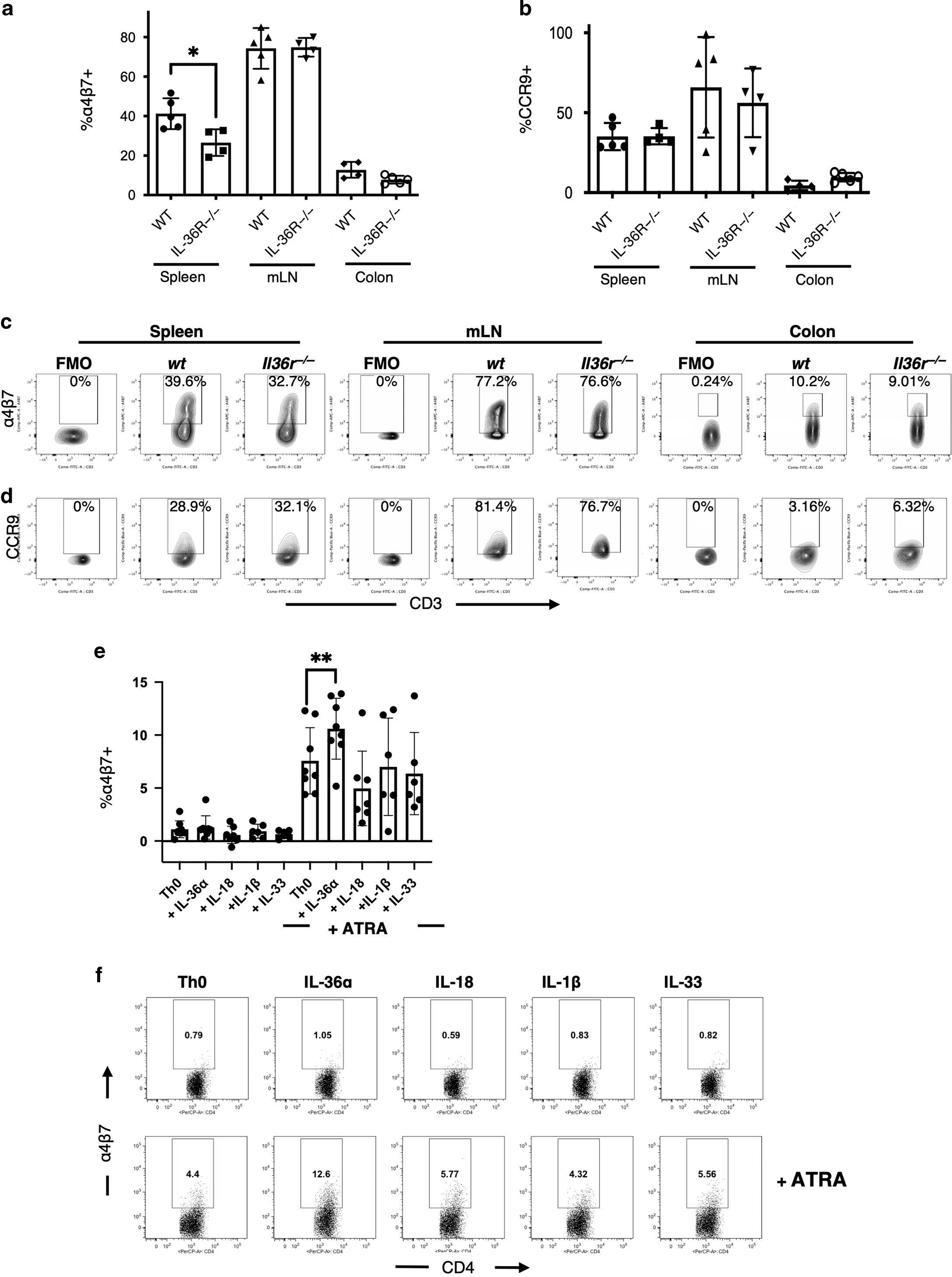 Fig. 5: IL-36R signalling promotes the generation of murine pro-inflammatory CD4+ T cells with a gut homing phenotype.