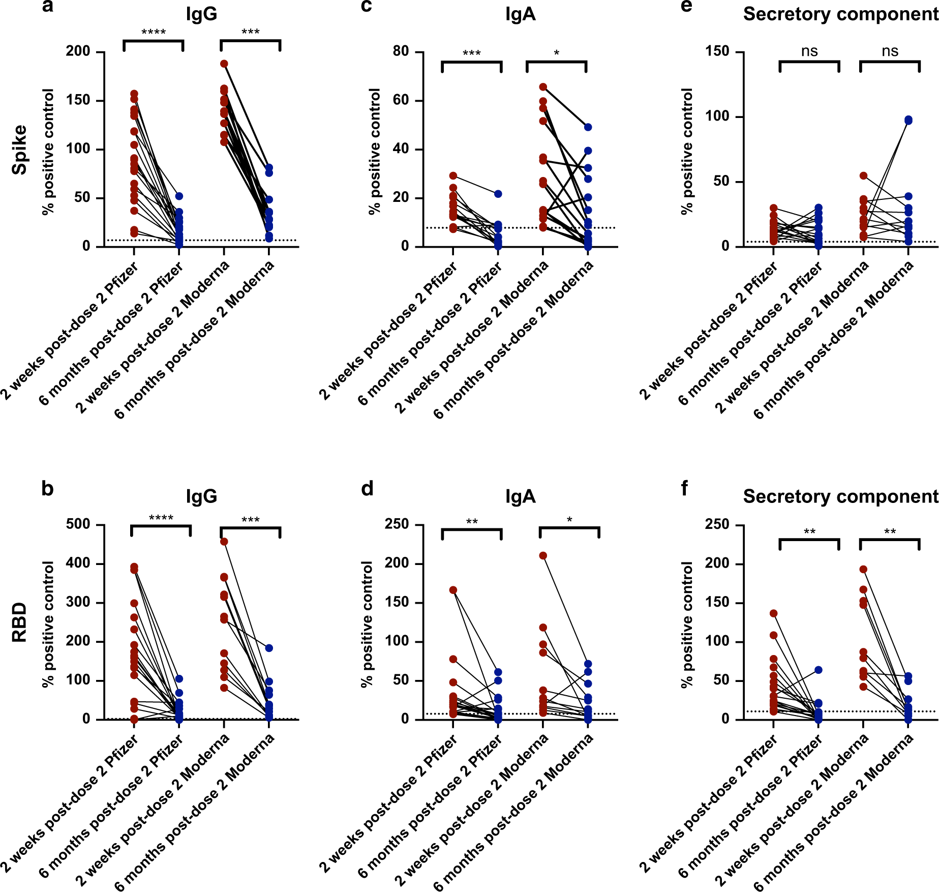Fig. 3: Different decay kinetics of anti-Spike and anti-RBD IgG versus IgA in saliva from participants receiving COVID-19 mRNA vaccines.