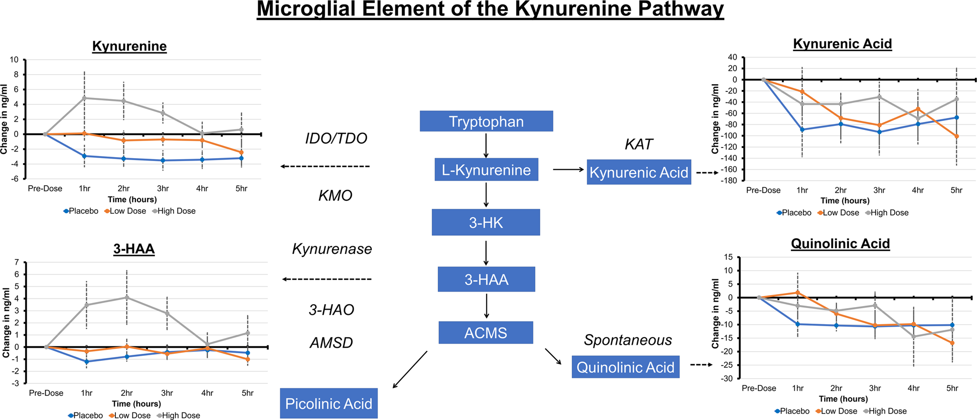 Fig. 2: A summary of the blood metabolite findings with respect to their position on the microglial element of the kynurenine pathway.