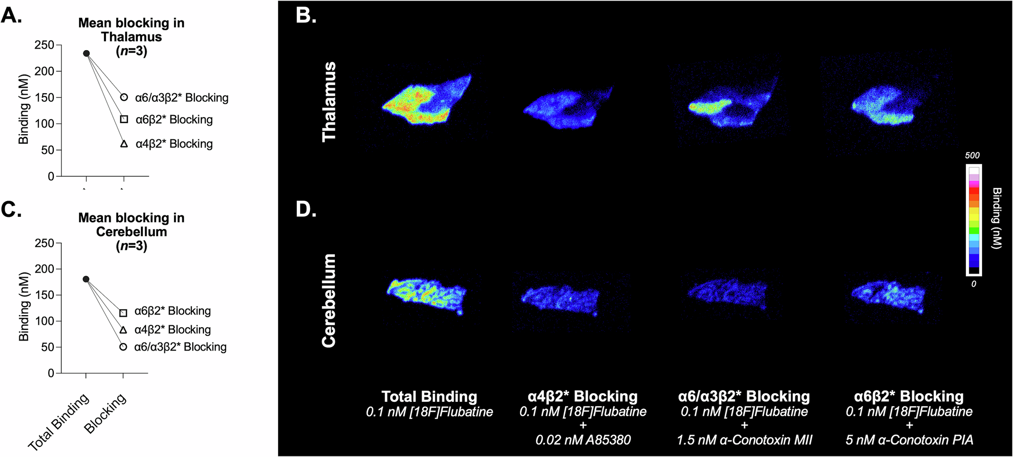 Fig. 3: Subtype-specific blocking of [18F]Flubatine in thalamus and cerebellum of human post-mortem brain tissue.
