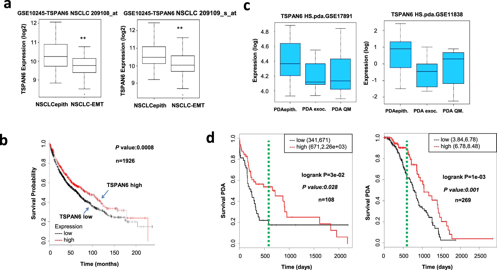 Fig. 7: Low TSPAN6 expression is correlated with poor survival in human lung and pancreatic cancer patient survival with mesenchymal signatures.