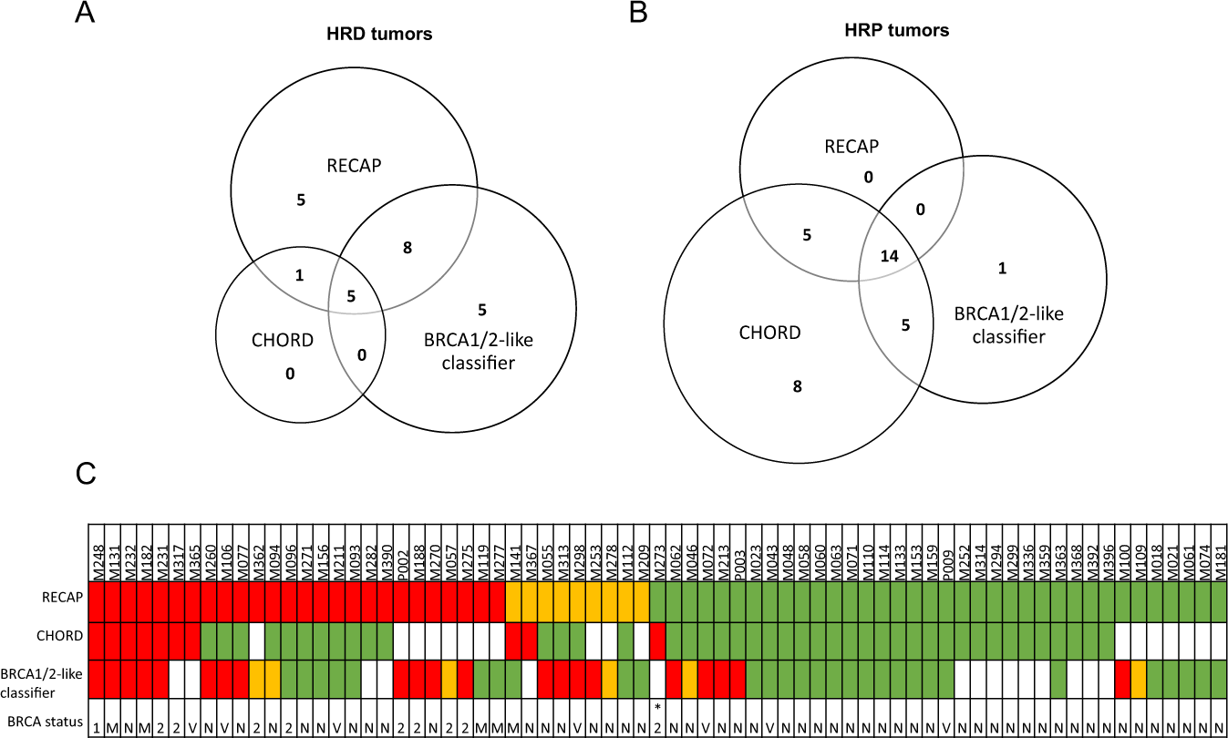 Fig. 3: HRD status of 71 breast cancers as defined by different HRD tests.