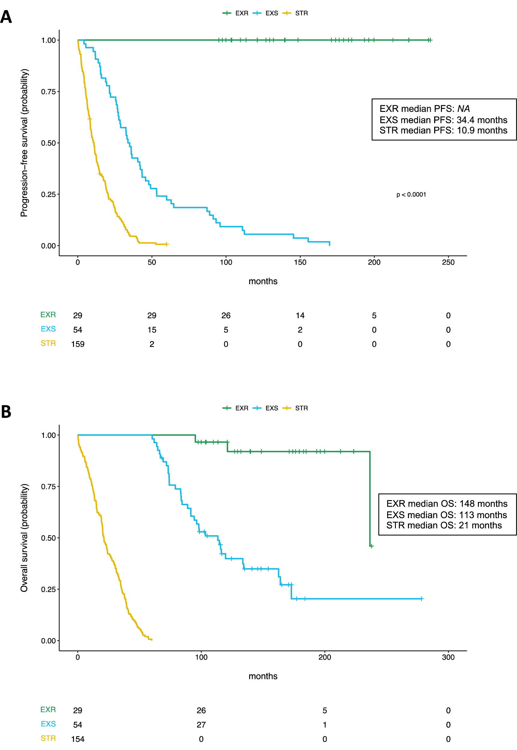 Fig. 2: Kaplan-Meier curves of progression-free survival (PFS) and overall survival (OS) in the full cohort of ExR, ExS and STR patients.