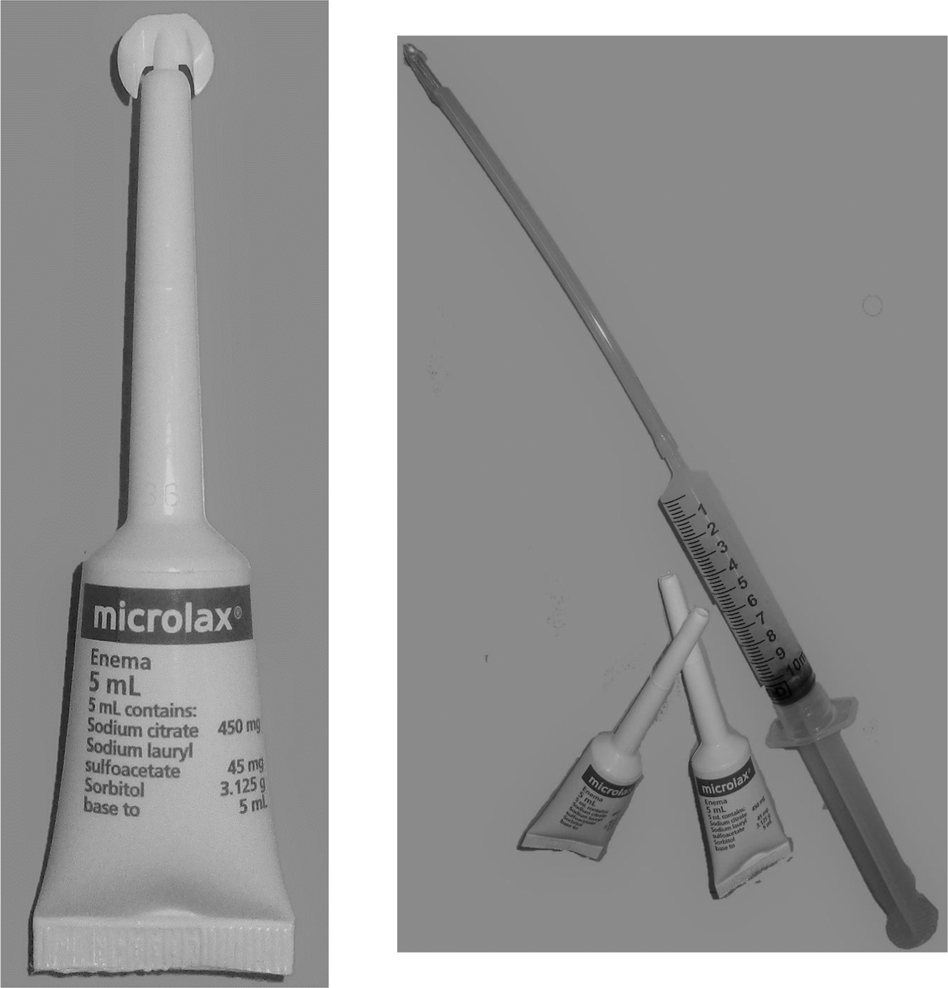 Are micro enemas administered with a squeeze tube and a 5 cm-long nozzle as  good or better than micro enemas administered with a 10 cm-long catheter  attached to a syringe in people