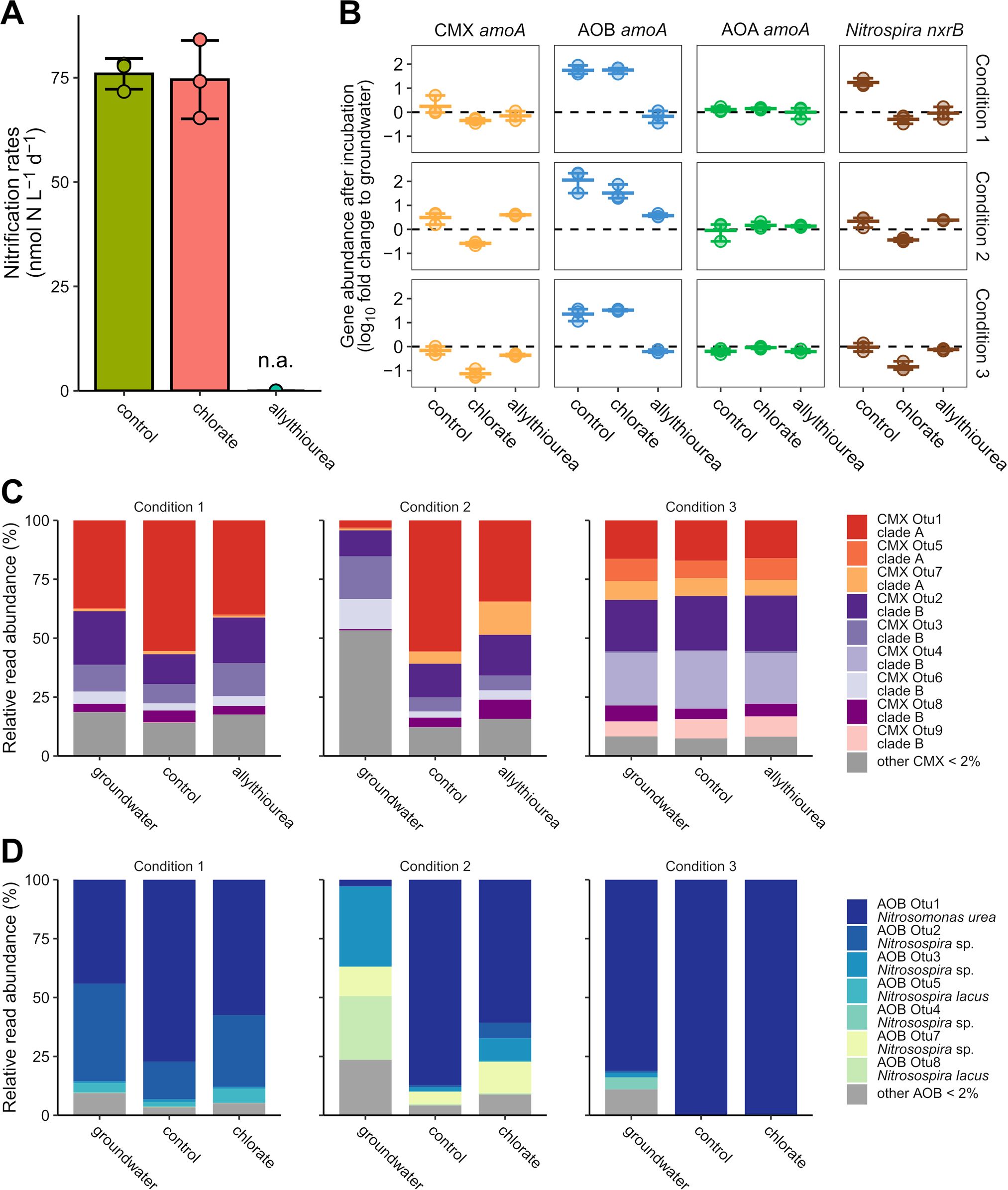 Fig. 4: Groundwater incubations from wells H41 and H53 supplemented with different NH4+ concentrations and nitrification inhibitors across 5 days (short-term) and 25 to 35 days (long-term).